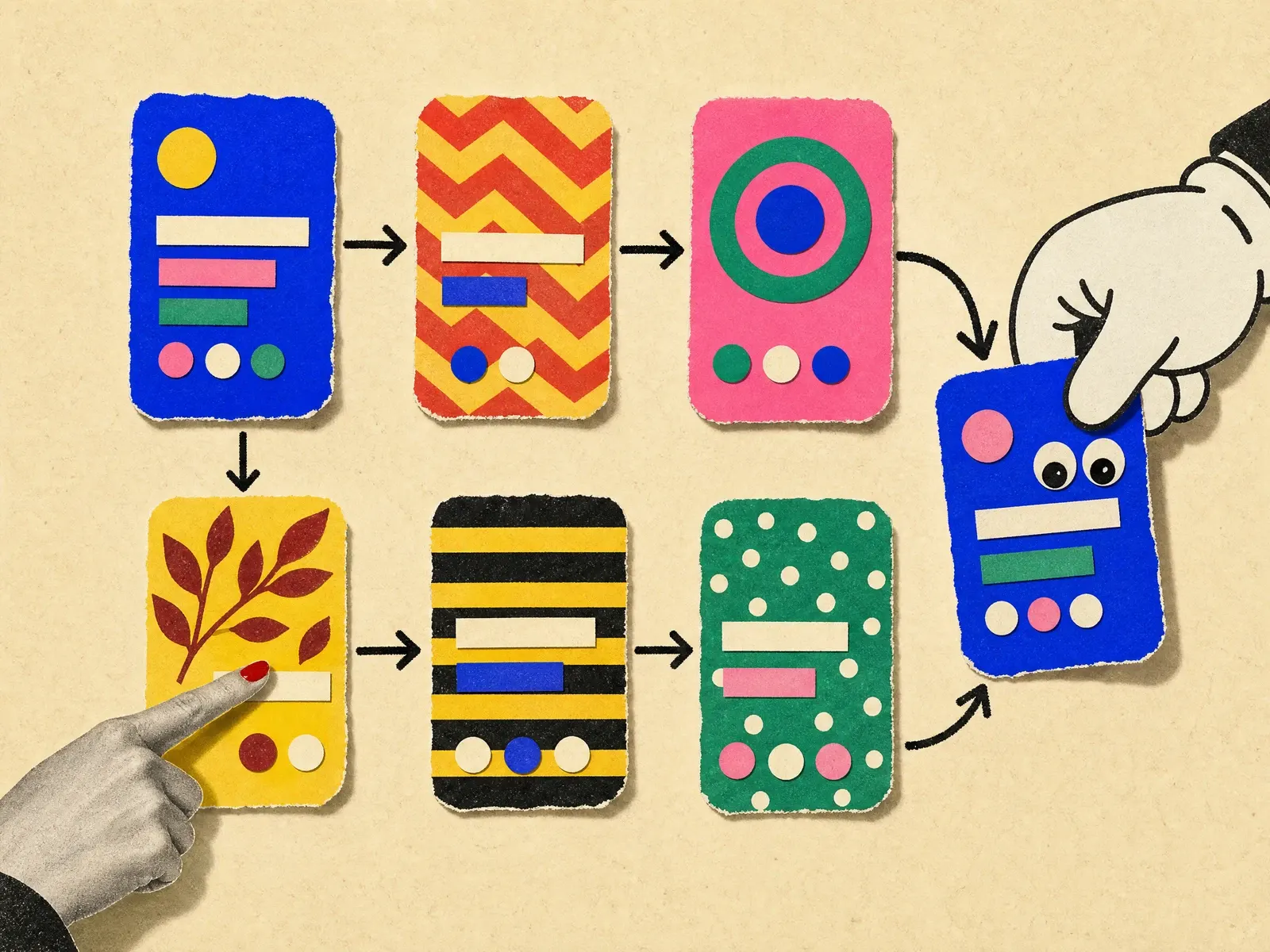 Six patterned app screens laid out in two rows and linked by arrows, while a gloved hand places a new blue screen and a finger points at one of them.