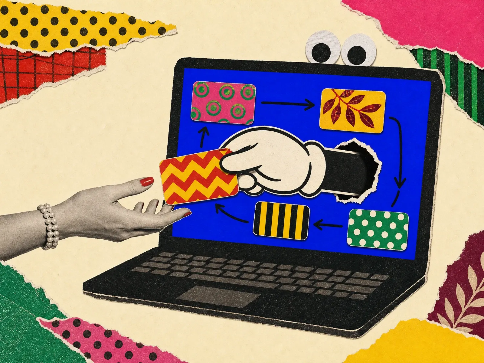 A gloved hand reaches out of a laptop screen full of linked screen cards and hands a zigzag card to a human hand.