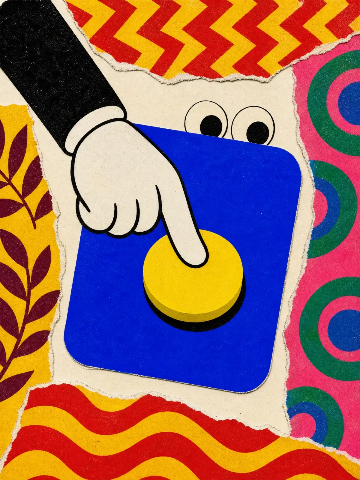 A white cartoon glove pressing a big yellow button.