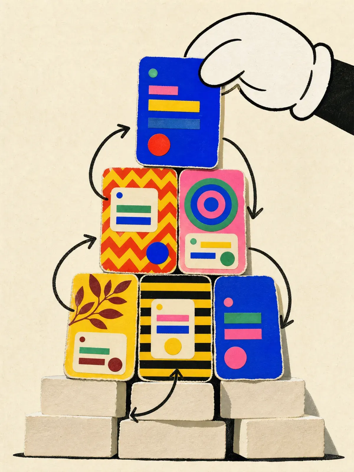 A tower of patterned screen cards joined by arrows, topped by a glove placing the last card.