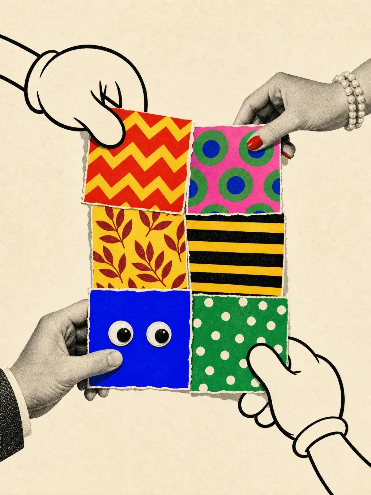 Hands assembling a patchwork of colored paper pieces.